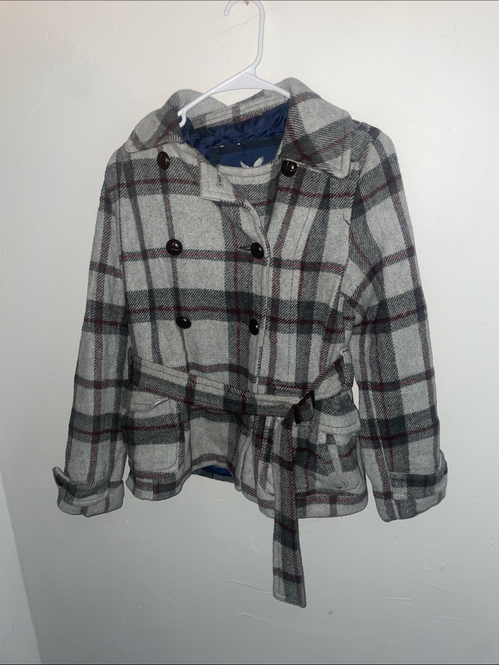 American Eagle Outfitters Gray Plaid Belted Double Breasted Peacoat